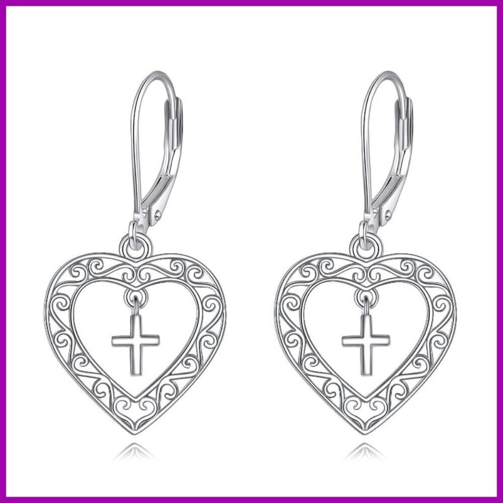 Sterling Silver Heart Cross Dangle Drop Earrings S925 Faith Jewelry